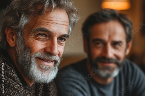 adult hipster son and old senior father stay for work at home, two generations have a beard talking together and relaxing with smile, happy enjoy living to isolation quarantine at home, Generative AI