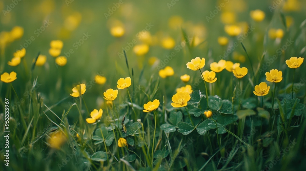 Buttercups Meadow: Lone Patch of Clover in Vibrant Yellow and Green Field Buttercups Meadow: Lone Patch of Clover in Vibrant Yellow and Green Field