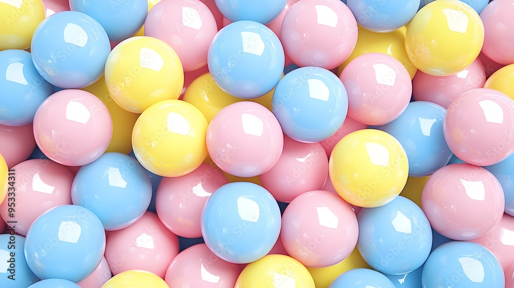 Colorful pastel balls: vibrant collection of pink, blue, and yellow glossy spheres Colorful pastel balls: vibrant collection of pink, blue, and yellow glossy spheres
