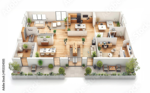 EcoFriendly 3D Isometric Office Floor Plan with Green Zones and Energy Efficient Design