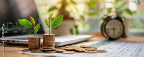 Home interior with a focus on a laptop displaying savings account growth charts, Home, Money, Bank, financial growth