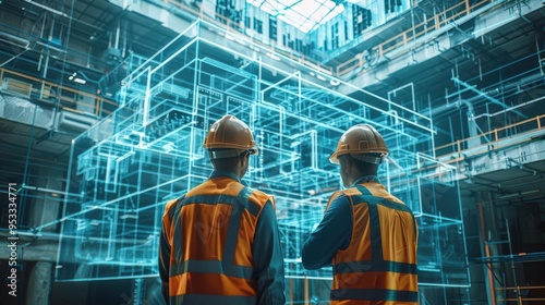 A professional construction team using augmented reality to visualize the building process onsite, Industrial, 3D rendering, Realistic colors, Advanced construction technology