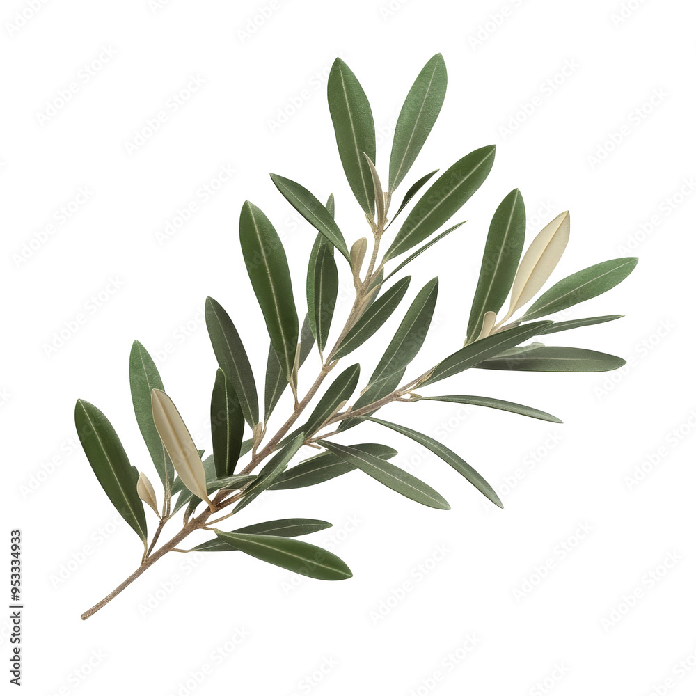 Fototapeta premium A branch from an olive tree showcases its vibrant green leaves, highlighting the plant's natural beauty and elegance, branch of a olive tree with leaves on transparent background