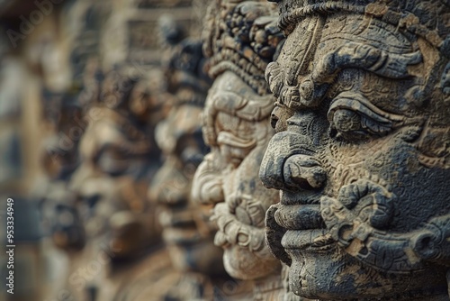 Close-up shot of a stone face carved into a wall photo