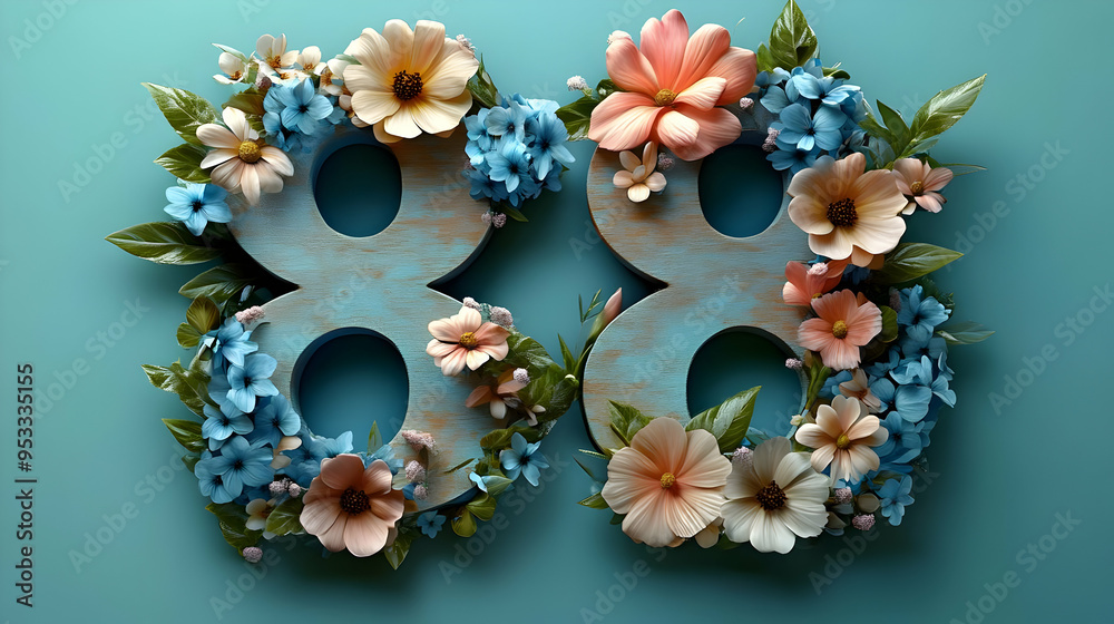 Number 88 made of wood and surrounded by delicate flowers on a turquoise background. Number 88 made of wood and surrounded by delicate flowers on a turquoise background.