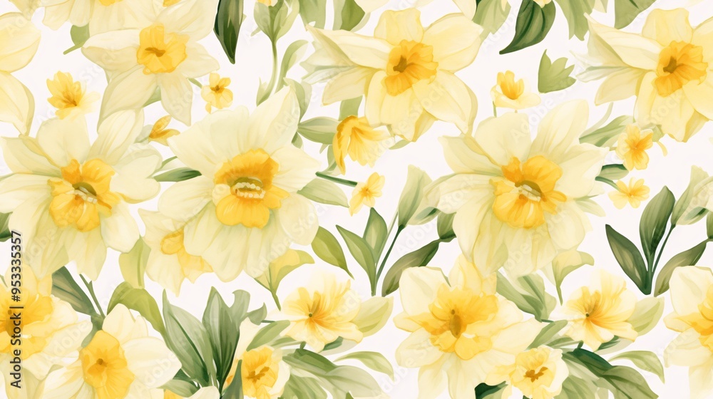 Classic yellow daffodils surrounded by verdant leaves in a continuous watercolor pattern with a refined vintage aesthetic Classic yellow daffodils surrounded by verdant leaves in a continuous watercolor pattern with a refined vintage aesthetic