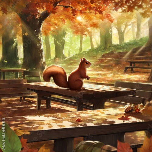 A cute squirrel sit on a wooden bench in an autumn forest small animal peaceful background