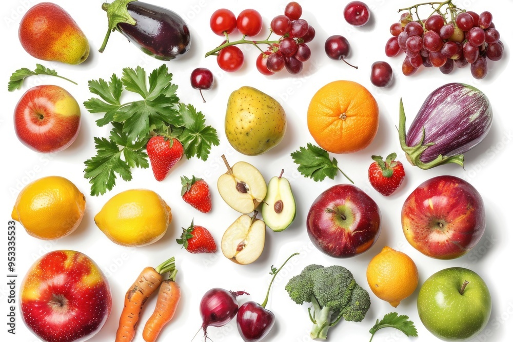 Assortment of fruits and vegetables on a white background Assortment of fruits and vegetables on a white background