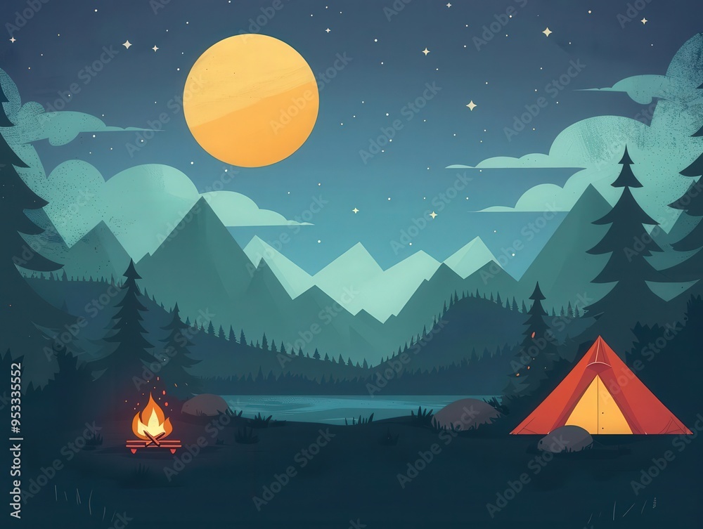 Fototapeta premium Camping scene, tents and campfire, flat design illustration