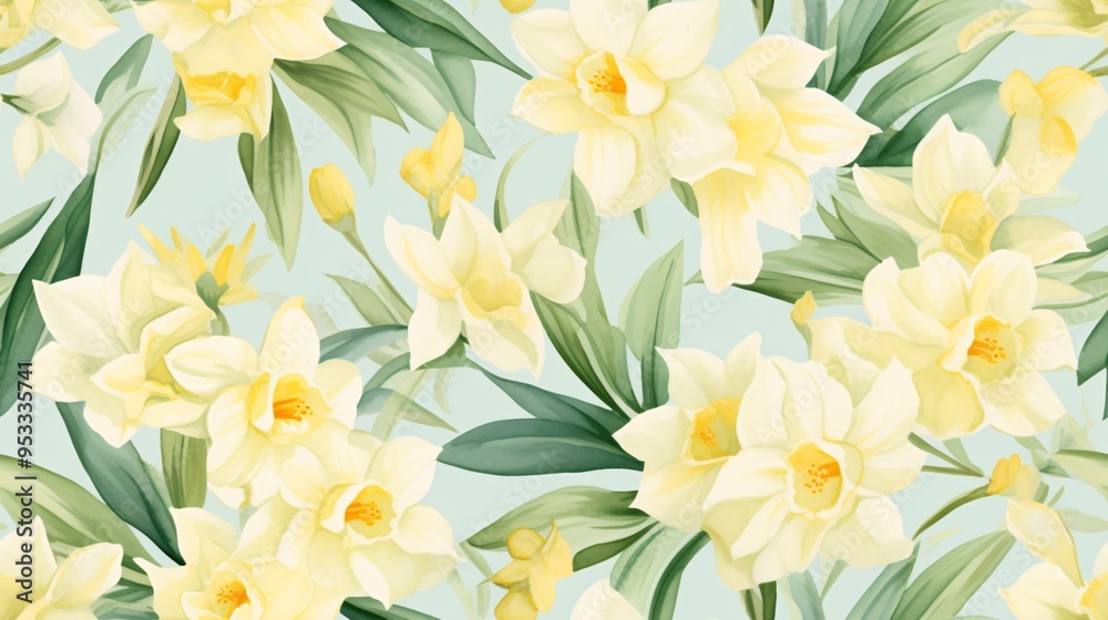Soft and elegant yellow daffodils with green leaves in a continuous watercolor pattern, set against a vintage-inspired background Soft and elegant yellow daffodils with green leaves in a continuous watercolor pattern, set against a vintage-inspired background