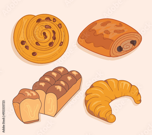 Set of French pastry, pain au chocolat, croissant, brioche, escargot au raisin.  French pastry. Simple design, vector illustration.