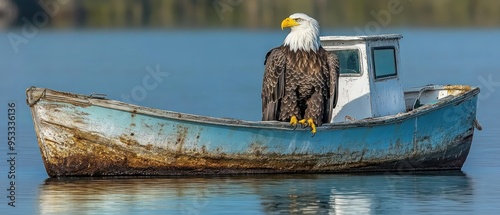 Bald Eagle Perched on an Old Boat in Still Water photo