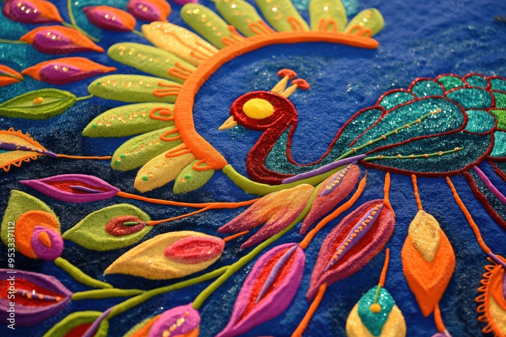 Close up of a traditional rangoli design made with colored sand, featuring a peacock and colorful flowers on a blue background Close up of a traditional rangoli design made with colored sand, featuring a peacock and colorful flowers on a blue background