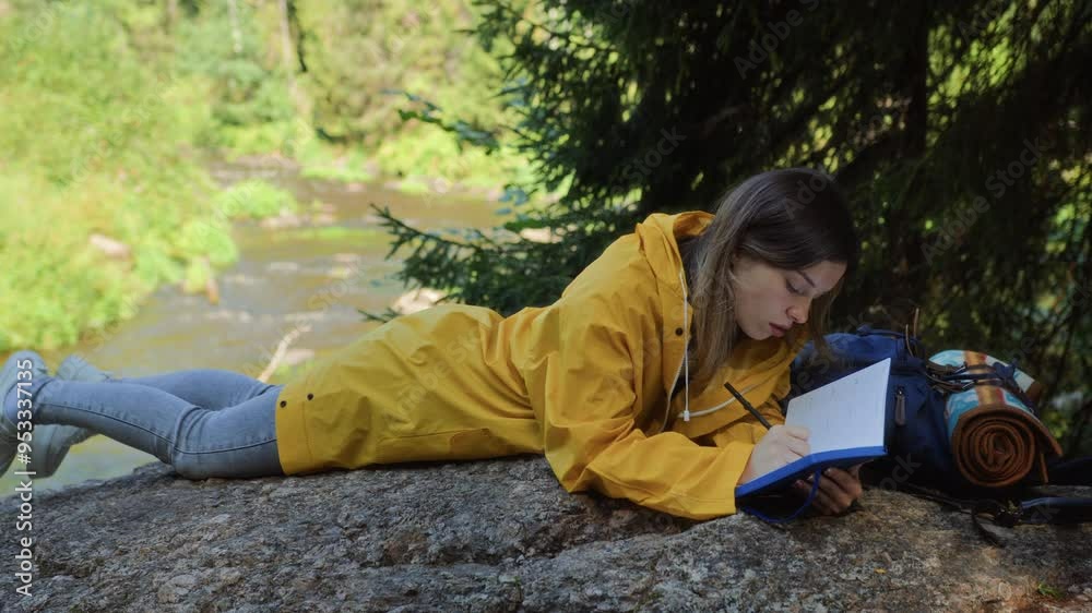 Portrait of young dreamy woman in yellow raincoat sitting on stone on river shore in forest. She enjoys and inspires views and tranquility of nature, happy of calmness and beauty takes note composing