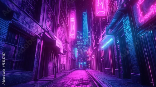 The image depicts a futuristic urban alley bathed in vibrant neon lights. The narrow street, lined with old brick buildings, is illuminated with hues of pink, purple, and blue from glowing neon signs 