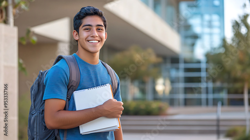 Smiling hispanic student stands outside academic building holding backpack and notebooks. Concept of higher education, confidence, and youth. Ideal for educational and lifestyle themes.