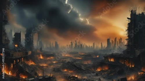  Post-Apocalyptic Cityscape with Burning Buildings and Cloudy Sky