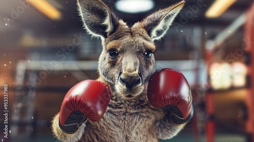 A boxing kangaroo wearing red gloves, ready for a match in a dynamic gym setting, showcasing strength and determination. photo