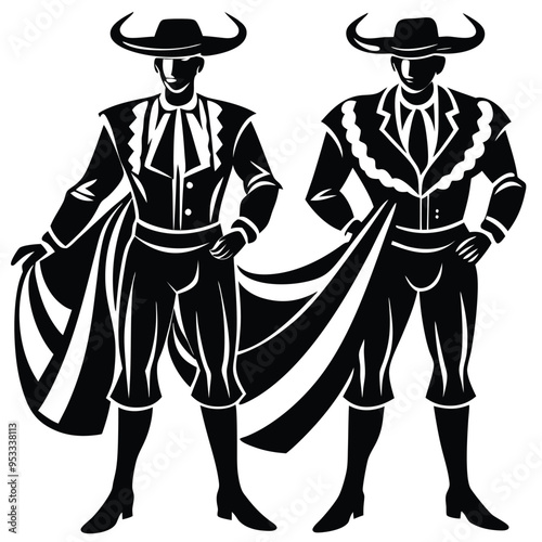 Matador silhouettes in traditional Spanish bullfighting attire, dramatic high-contrast black and white vector illustration.