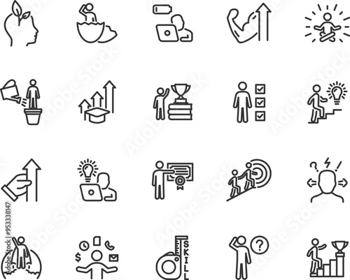 Vector set of personal growth line icons. Contains icons upskill, career, newbie, burnout, skill improvement, efficiency, development, knowledge, education and more. Pixel perfect.