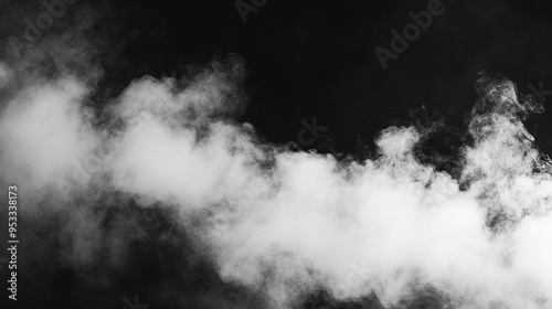 Abstract black background with white smoke and dark fog, creating an empty scene for product presentation or design overlay.