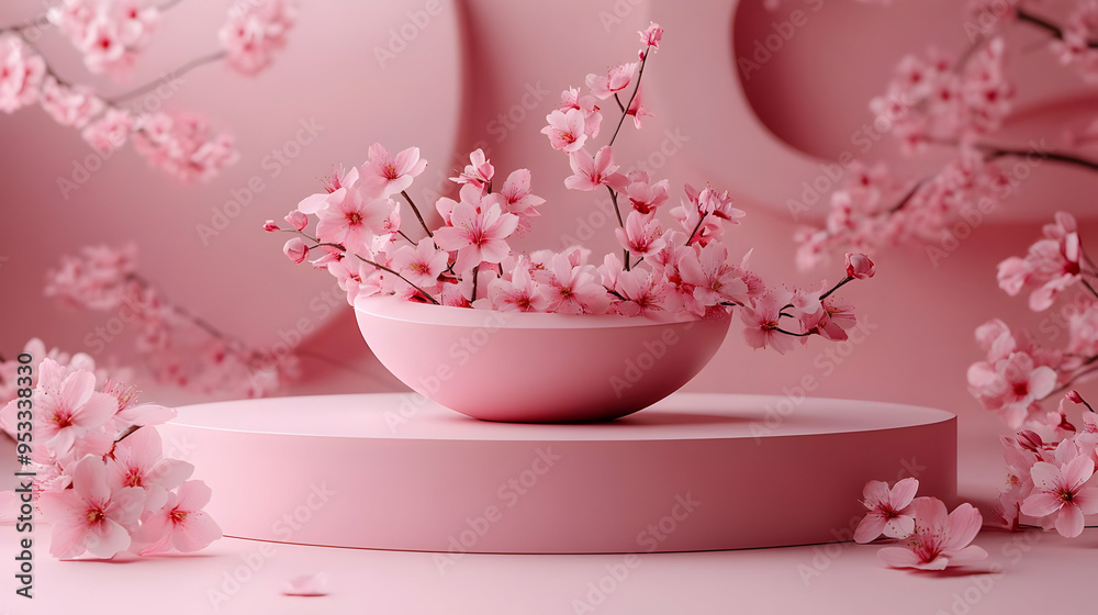 Pink cherry blossoms in a bowl on a pink platform with a pink background. Pink cherry blossoms in a bowl on a pink platform with a pink background.