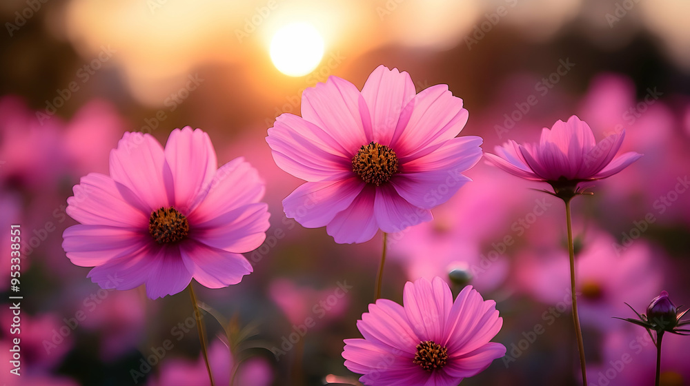 Pink cosmos flowers in a field with a blurred sunset background. Pink cosmos flowers in a field with a blurred sunset background.