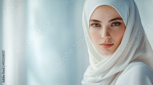 Elegant woman in white silk hijab with flowing fabric on pastel background. Arabic culture style