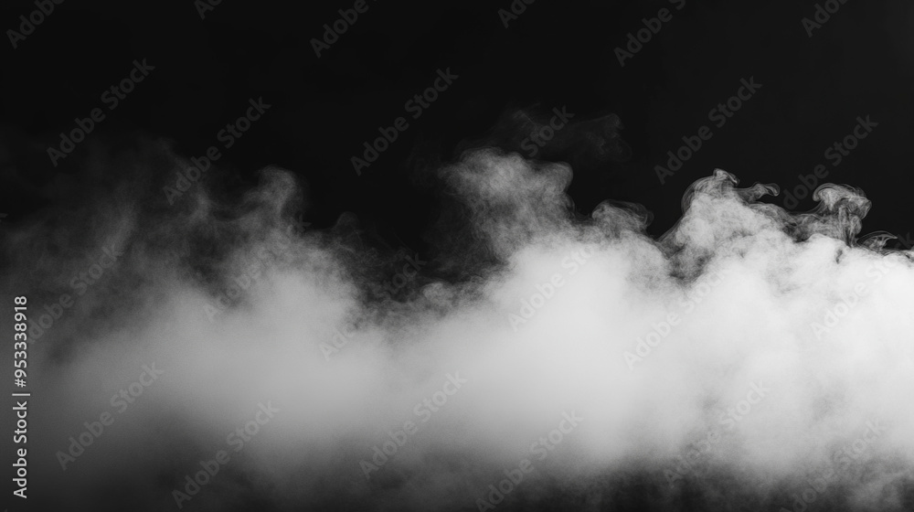 Abstract black background with white smoke and dark fog, creating an empty scene for product presentation or design overlay.