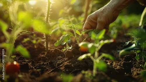 A close-up view of a hand tending to green plants in a sunlit garden, highlighting growth and nurturing in nature.