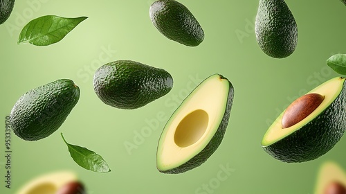 poster with flying avocado on green background showing avocados in action for advertising photo