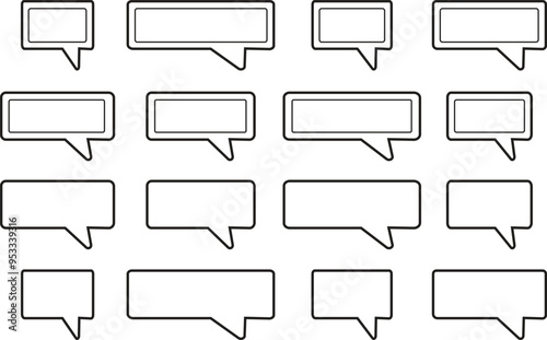 Set of Pixel speech bubbles icons. Text boxes Stickers for social network chats and games. Vectors in trendy black outline art styles. Empty rectangular templates isolated on transparent background.