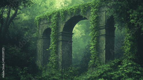 Overgrown Stone Archway in a Lush Forest - Cartoon and Anime Landscape