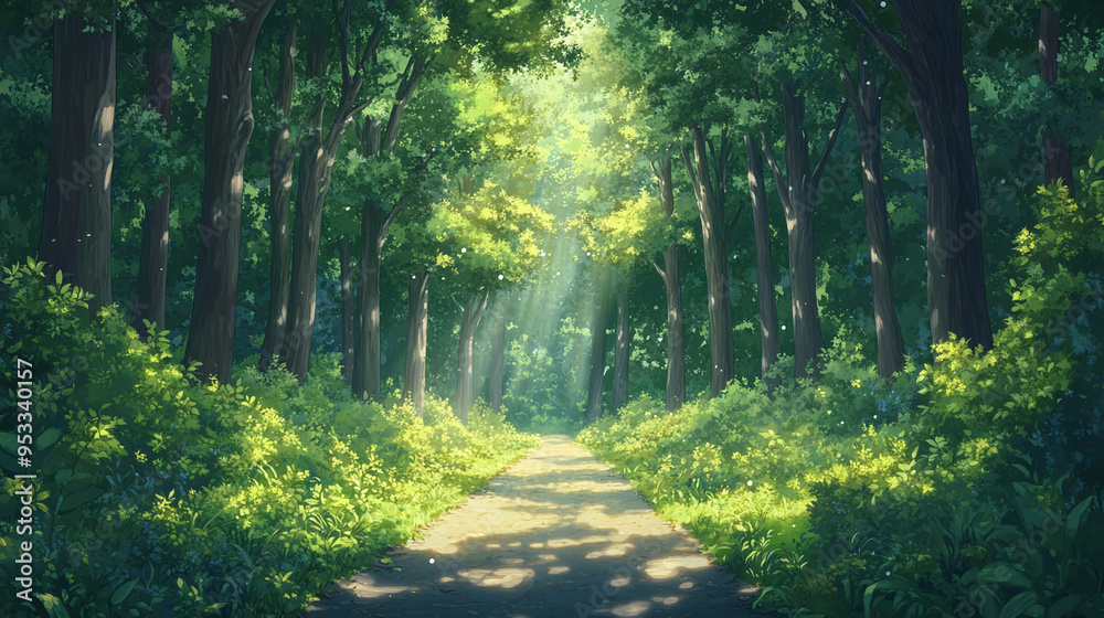 Sunbeams Through Green Forest: A Serene Path in Nature - Cartoon and Anime Landscape Sunbeams Through Green Forest: A Serene Path in Nature - Cartoon and Anime Landscape