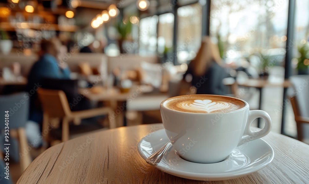 close up shoot of cup of coffee. people eating in blurred background, Generative AI close up shoot of cup of coffee. people eating in blurred background, Generative AI