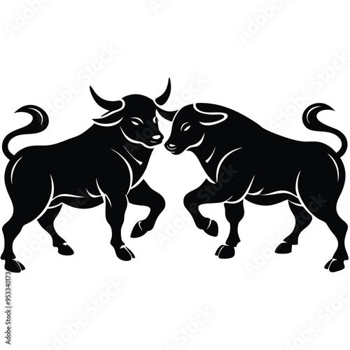 Black silhouette of two bulls facing each other in aggressive stance with tribal style and strong contrast