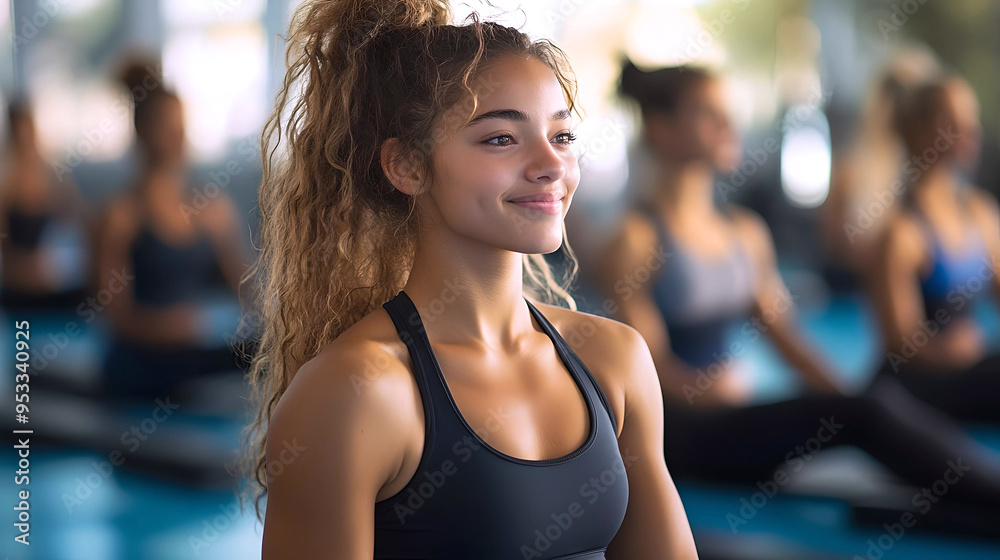 A woman smiling with contentment during a yoga class in a gym, symbolizing the joy and relaxation that come with exercise.

