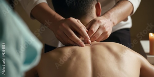 A female massage therapist providing a soothing neck massage to a male client in a peaceful spa environment.