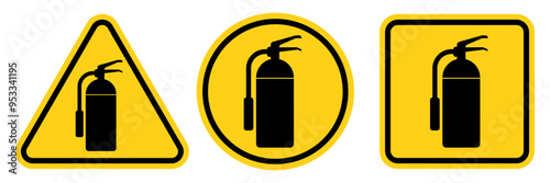 Fire extinguisher sign. Firefighters tools for flame fighting symbol, logo, badge, icon, sticker, label, emblem, stamp, red, line, flat vector, isolated illustration.