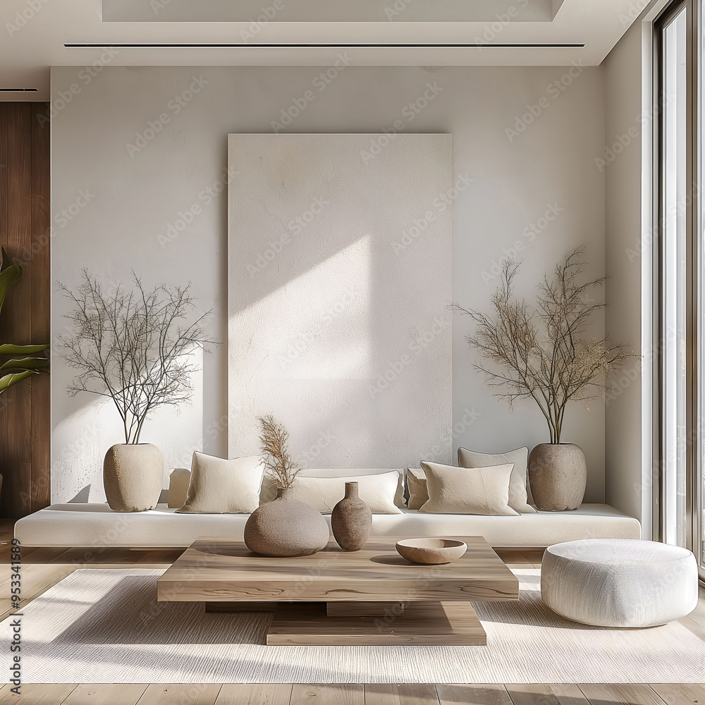 Aesthetic minimalist room interior design. Mockup picture frames. Concrete paint and mock up poster on the walls. Copy space. Clean apartment for decoration. Japandi, scandi, rustic style. Aesthetic minimalist room interior design. Mockup picture frames. Concrete paint and mock up poster on the walls. Copy space. Clean apartment for decoration. Japandi, scandi, rustic style.