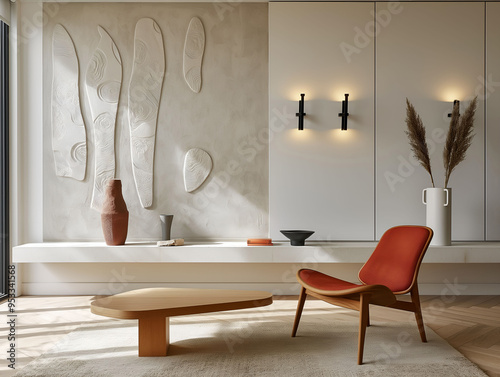 Aesthetic minimalist room interior design. Mockup picture frames. Concrete paint and mock up poster on the walls. Copy space. Clean apartment for decoration. Japandi, scandi, rustic style.