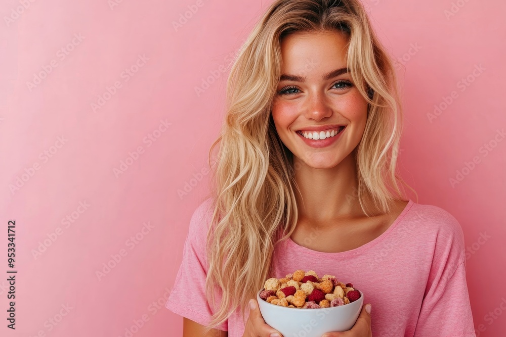 Young blonde woman over isolated pink background holding a bowl of cereals, Generative AI Young blonde woman over isolated pink background holding a bowl of cereals, Generative AI