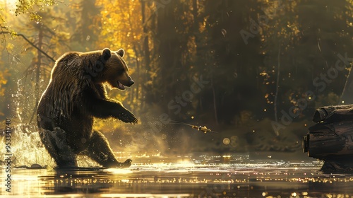 A majestic bear splashes in a serene lake surrounded by vibrant autumn foliage, capturing the essence of nature's beauty. photo