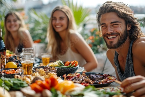 leisure and people concept - happy friends eating and drinking at barbecue party on rooftop in summer, Generative AI