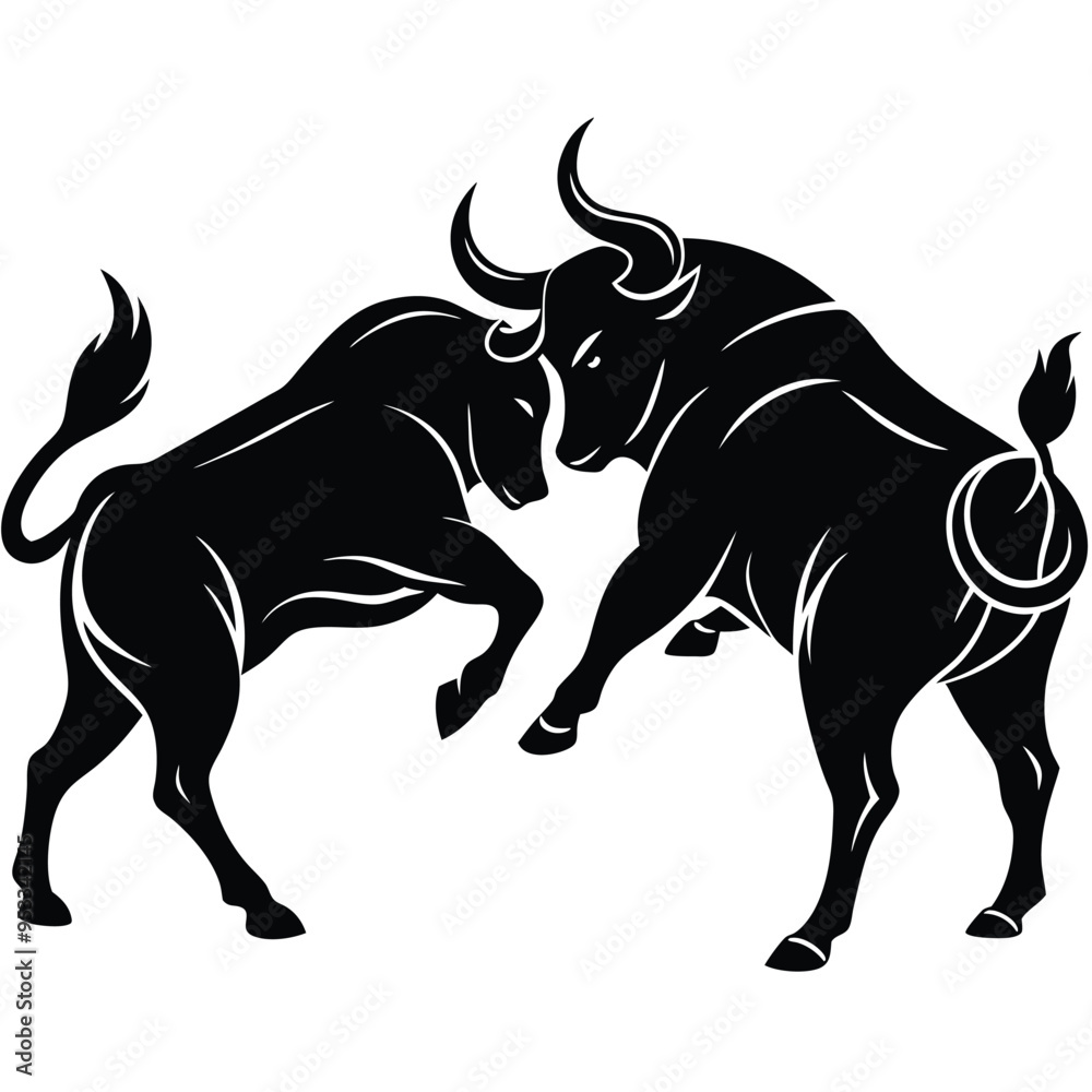Obraz premium Black silhouette of two fighting bulls with sharp horns in dynamic minimalist tribal-inspired design