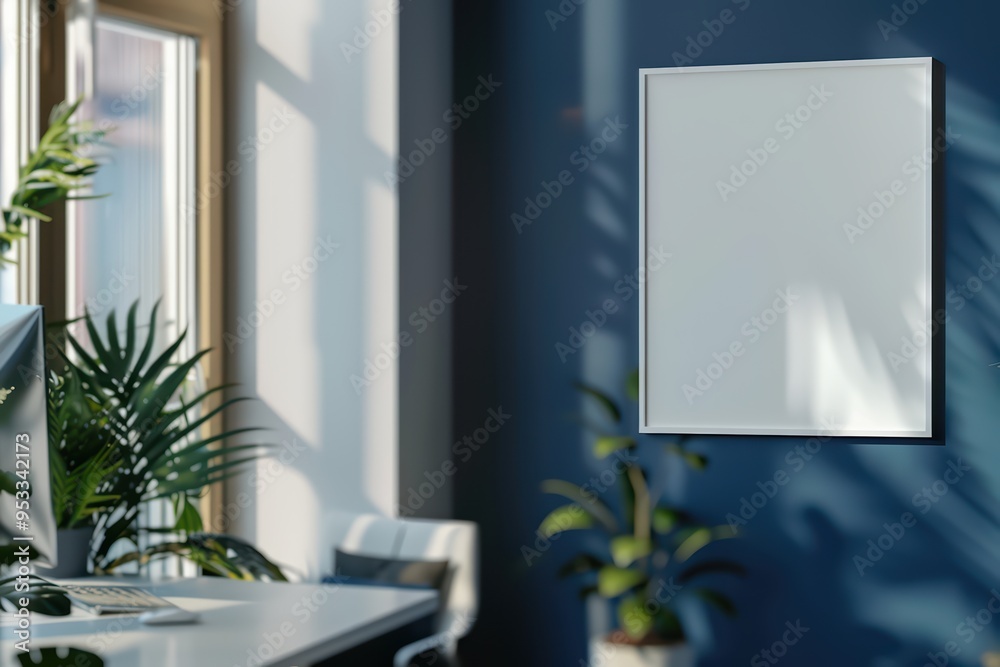 A modern office interior featuring a blank frame on a blue wall and lush green plants, ideal for workspace inspiration. A modern office interior featuring a blank frame on a blue wall and lush green plants, ideal for workspace inspiration.