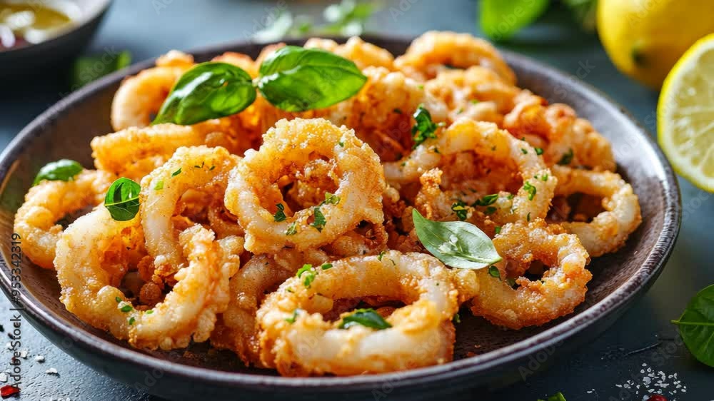 Deliciously crispy fried calamari served with fresh herbs and lemon for a perfect appetizer Deliciously crispy fried calamari served with fresh herbs and lemon for a perfect appetizer