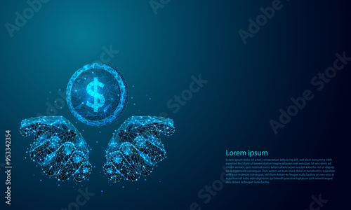 Wallpaper Mural Abstract hand holding coins stacks of money low poly wireframe a stack of dollar coins on a modern blue background, using a futuristic low poly wireframe vector illustration. Concept of Saving Money. Torontodigital.ca