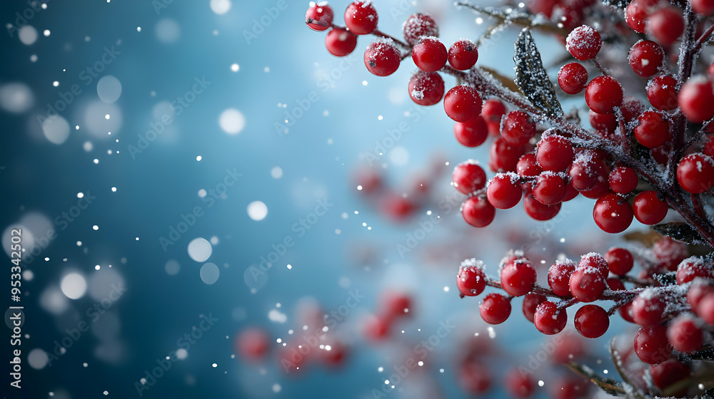 Red berries covered in snow on a frosty blue background. Red berries covered in snow on a frosty blue background.