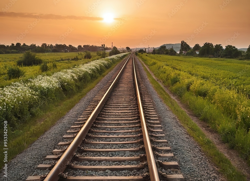 Fototapeta premium The sun is slowly setting behind the distant train tracks in view